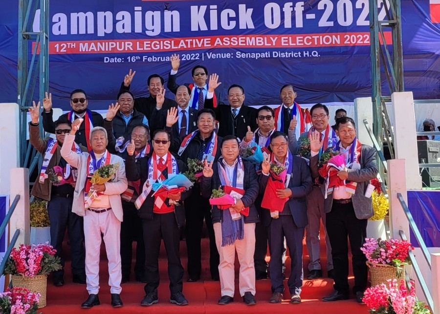 Nagaland Chief Minister Neiphiu Rio and others with 10 NPF candidates for Manipur polls on February 16. (Morung Photo)